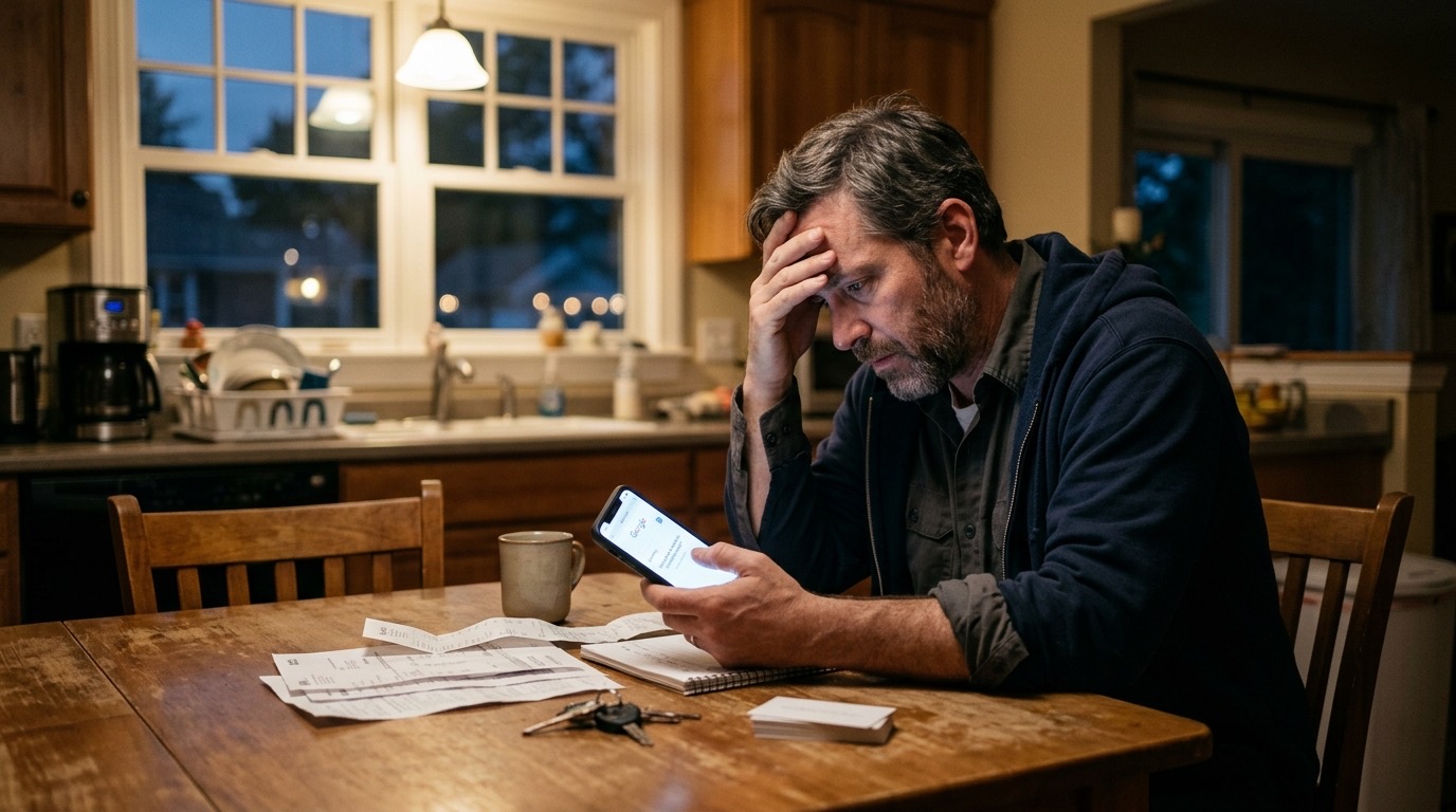 A contractor sitting at his kitchen table in the evening, frustrated, searching his own business name on his phone and not finding it