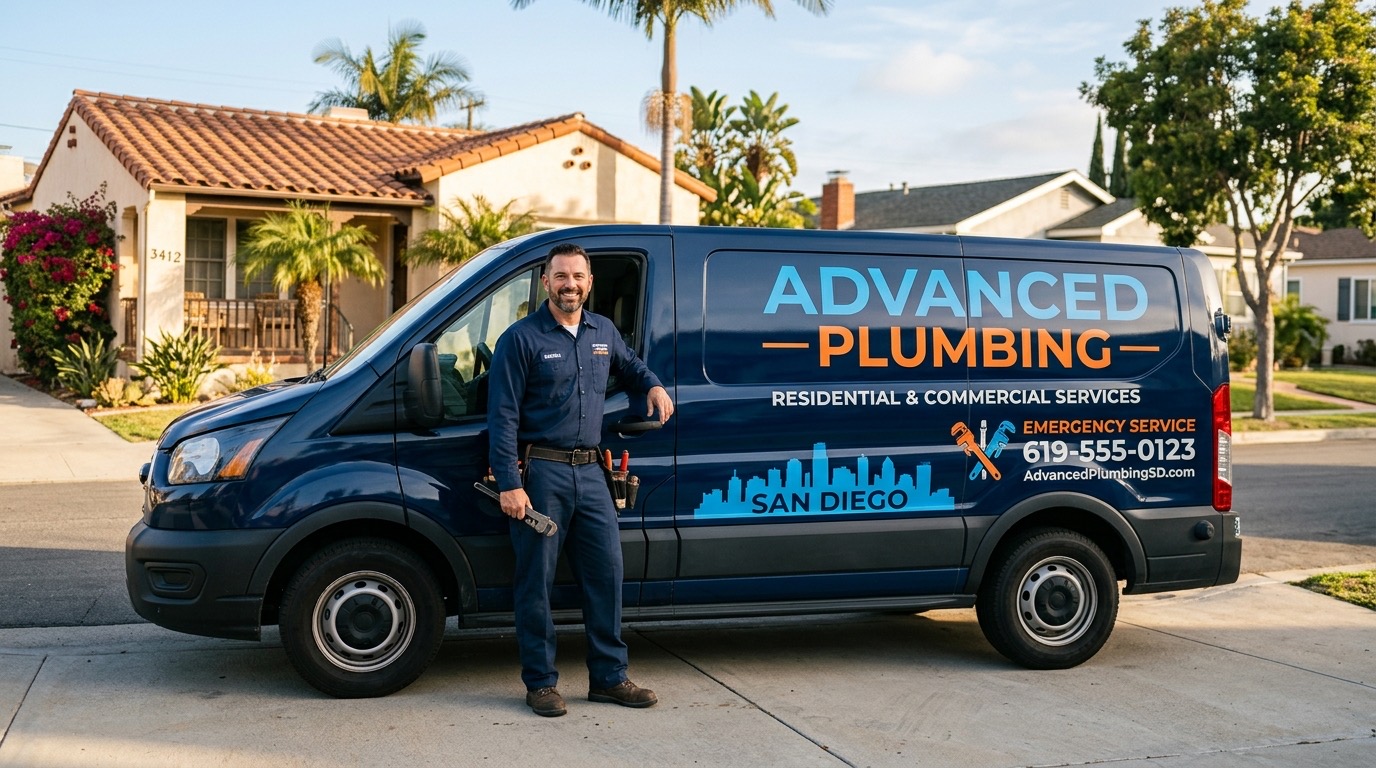 A plumber in a clean uniform standing in front of his branded work van outside a San Diego home, morning light, real job site